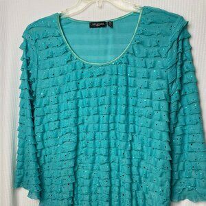 Notations Pullover Womens Plus Size 2x Turquoise Sequins Ruffled Layer Stretch